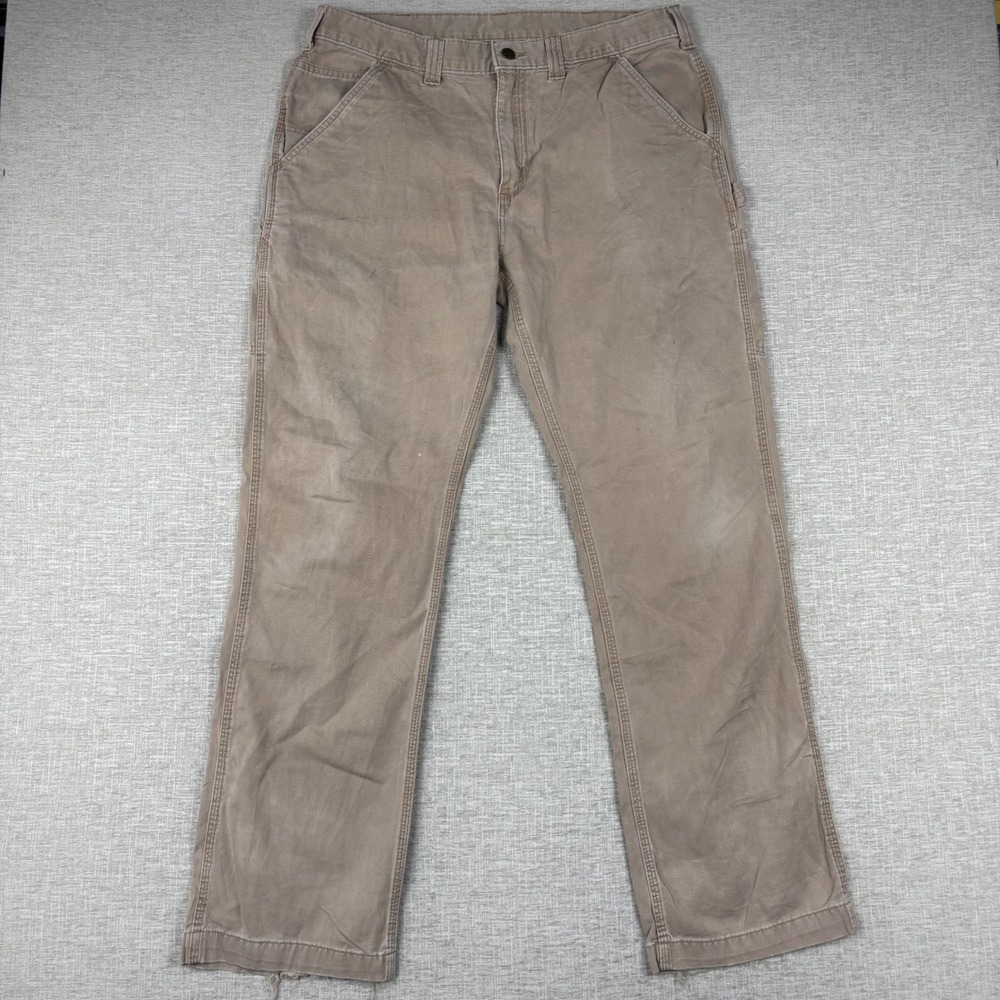 Carhartt Mens 34x32 Tan Canvas Carpenter Pants Utility Workwear Bone Wash